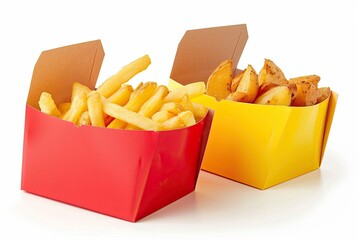 Set of red and yellow cardboard package boxes with french fries and baked potato slices, isolated on white background