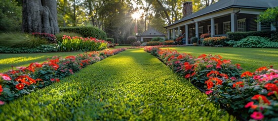 Obraz premium Views Beautiful manicured lawns and flower beds on private grounds and pathway to home
