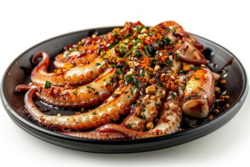 squid seafood sprinkled with dried herbs in black plate isolated white background 