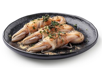  squid seafood sprinkled with dried herbs in black plate isolated white background