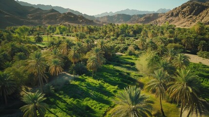 A lush green oasis in the middle of a dry desert made possible by a solarpowered irrigation system bringing water to the area.