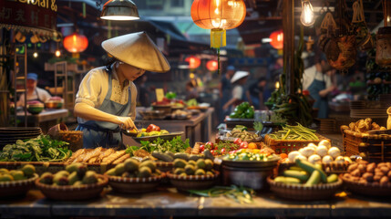 Obraz premium A woman is cutting vegetables at a market