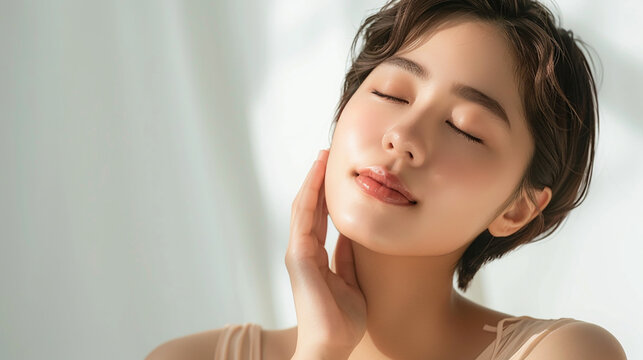 Close-up of young woman with healthy skin, Generative AI