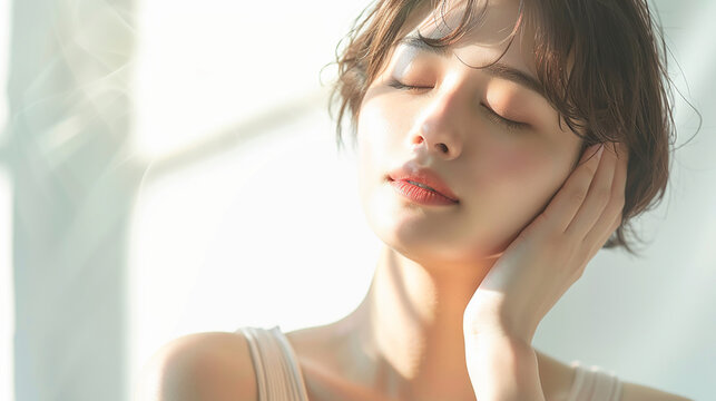 Close-up of young woman with healthy skin, Generative AI