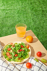 A wooden table placed on the green lawn, a glass of orange juice, orange, tomato and a plate of vegetable salad displayed on it, preparing for summer outdoor activities. Space for product advertising