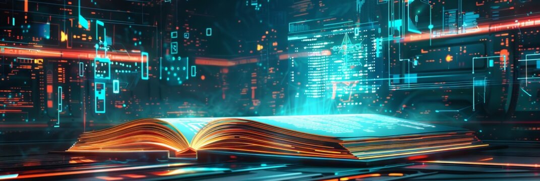 Modern digital book for learning in digital futuristic style. World book day