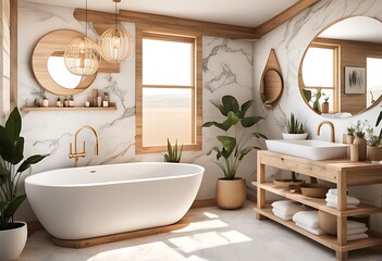 Boho Bathroom with 3D Japandi Accents: Farmhouse Sink, Wooden and Beige Decor, Themed Tub, White Render, and Marble Elements
