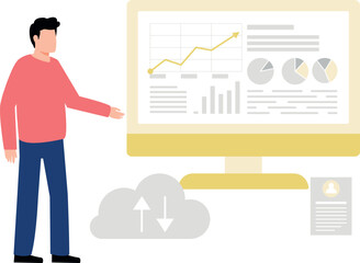 A boy is showing a graph on a monitor.