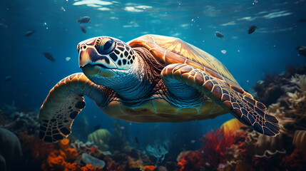 Obraz premium . An aquatic turtle leisurely moving through a lively coral reef environment in the ocean.