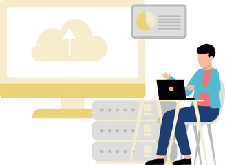 The boy is working on laptop.