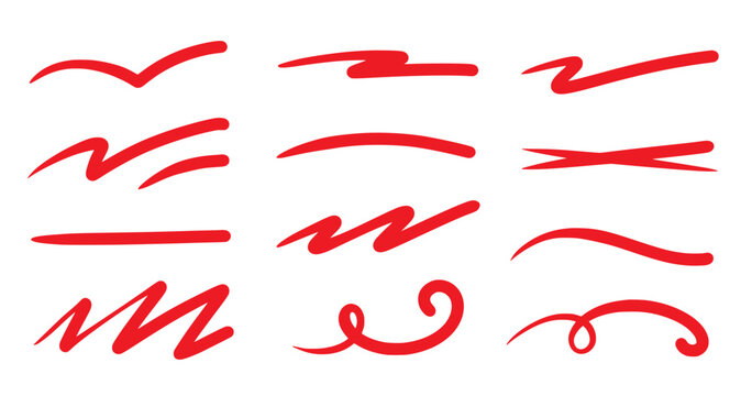 Red squiggle brush scribble underline. Marker pen emphasis highlight red swoosh stroke. Vector swoosh brush underline set for accent, marker emphasis squiggle element. Vector illustration
