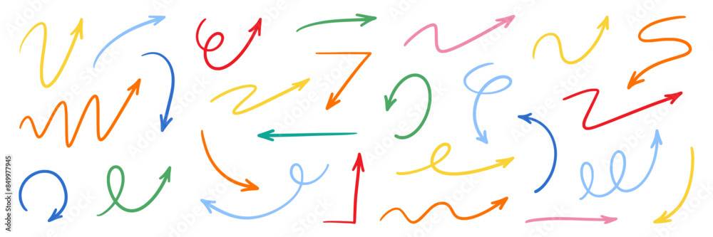 Poster arrow vector hand drawn sketch icon set. doodle sketch hand drawn color direction element set. color