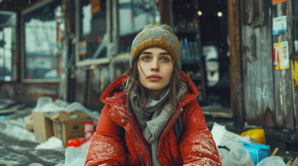 Obraz premium homeless woman sitting in front of abandoned shop area, trash strewn dirty and shabby, sad and pitiful facial expression, unemployment