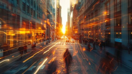 Vibrant cityscape at sunset during the lively and bustling spring season, capturing the urban pulse