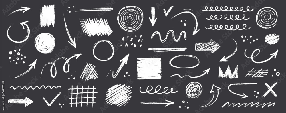 Aufkleber arrow line chalk hand drawn brush vector set. grunge square, spiral, arrow element scribble line bru