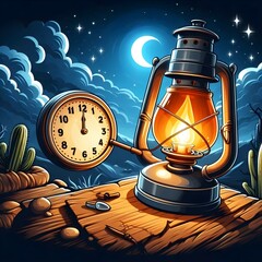 Burn the midnight oil, English idiom. An old-fashioned oil lamp burning brightly at midnight with a clock showing 12:00.