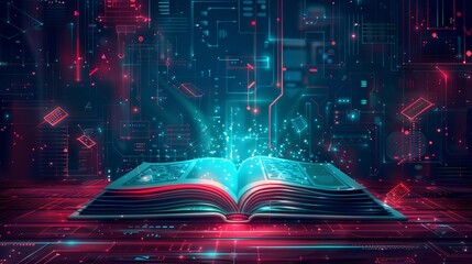 Modern digital book for learning in digital futuristic style. World book day