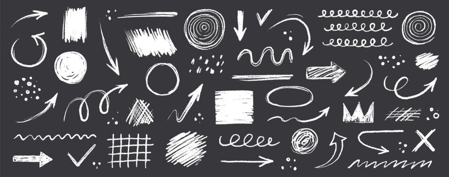 Arrow line chalk hand drawn brush vector set. Grunge square, spiral, arrow element scribble line brush hand drawn sketch design. Grunge abstract chalk, crayon pencil style. Vector illustration.