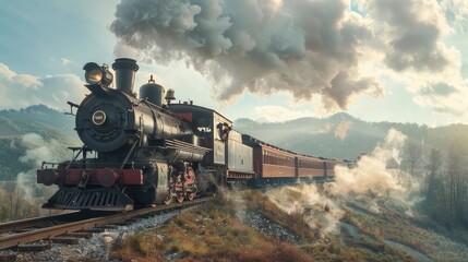 Fototapeta premium Historic Steam Train Exploring Rural Scenery