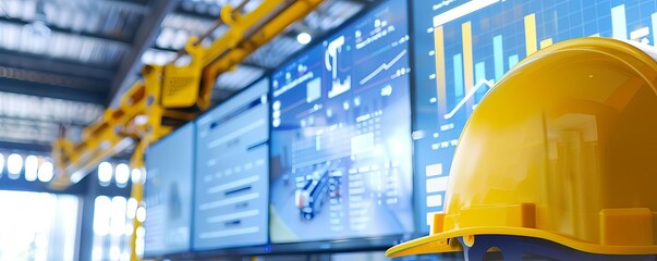 A smart construction site with realtime data analytics displayed on large screens, showing progress and efficiency, Modern, Bright and clean