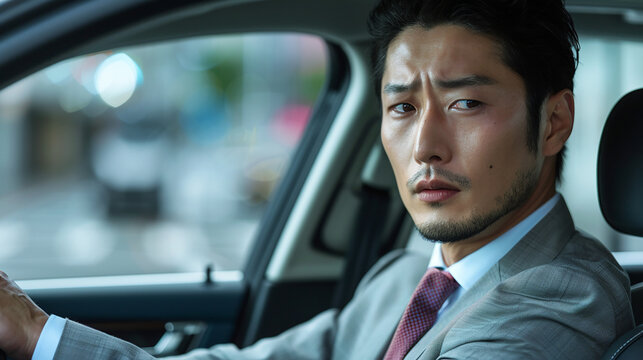 Portrait of a Japanese man in a suit holding a car steering wheel, Generative AI