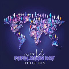 Vibrant World Population Day illustration featuring a glowing world map with diverse human figures, highlighting global unity and population awareness, ideal for educational and promotional use.