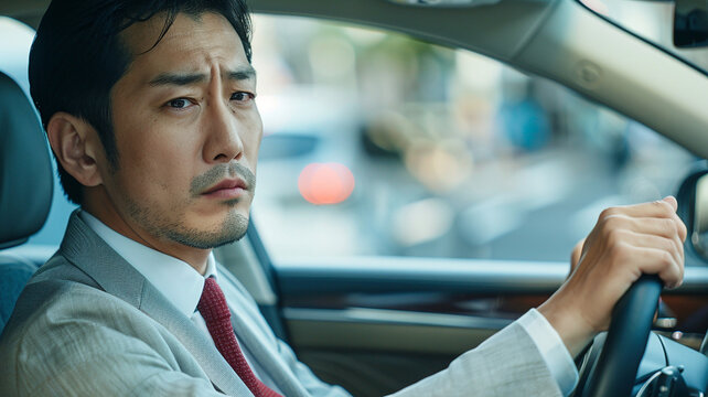 Portrait of a Japanese man in a suit holding a car steering wheel, Generative AI