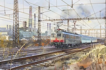 Fototapeta premium An electric train passing through a polluted industrial zone, watercolor, soft tones, realistic