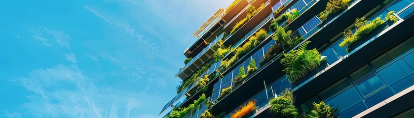 Building with integrated solar panels and vertical gardens, photorealistic, bright, high contrast, modern