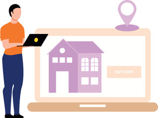 The boy is buying a house online.