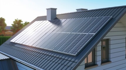 Obraz premium Close-up of new suburban house with a photovoltaic system on the roof. Modern eco friendly passive house with solar panels on the gable roof, with sunlight in the morning vibes. Eco friendly concept