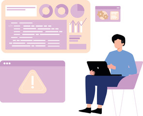 The boy is working on the laptop.