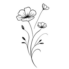 This is an illustration of flowers in a simple and modern line art style. The image features various types of flowers with different shapes and sizes, each with unique petal and leaf details. This lin