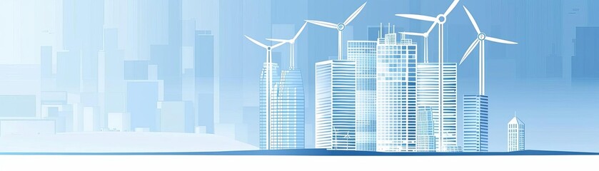 Modern skyscraper with wind turbines, illustration, blue and white palette, minimalist, sleek design