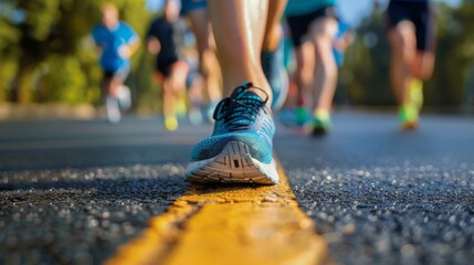 Fototapeta premium Close-up of a Runner's Foot Crossing a Yellow Line