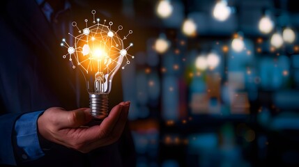 business hand holding illuminated light bulb, idea, innovation and inspiration concept.concept of creativity with bulbs that shine glitter, creativity with bulbs that shine glitter.Inspiration of idea