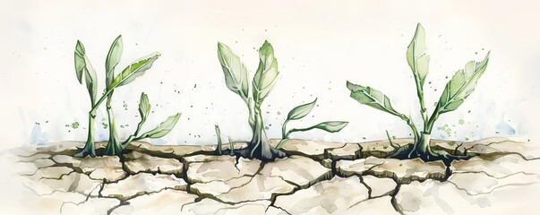 Watercolor painting of green plants sprouting through cracked, dry soil, depicting resilience and growth in harsh conditions.