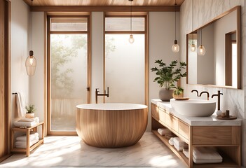 Boho Bathroom with 3D Japandi Accents: Farmhouse Sink, Wooden and Beige Decor, Themed Tub, White Render, and Marble Elements
