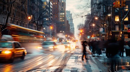 Obraz premium Dynamic urban winter scene lively streets in motion at vibrant sunset in a bustling city