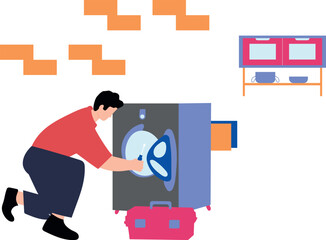 A worker is repairing a machine.