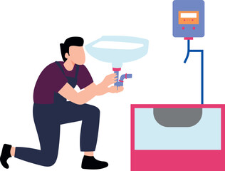 The boy is fixing the wash basin.