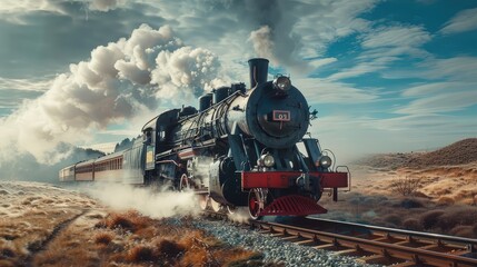 Fototapeta premium Antique steam train with ancient locomotive and old carriages running on the tracks in the afternoon countryside. thick steam from the train