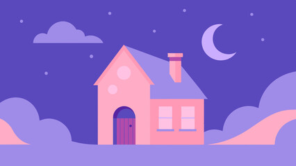 Fototapeta premium A tranquil night landscape showing a house under a star-filled sky with a luminous moon.