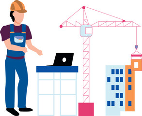 The worker is looking at the laptop.