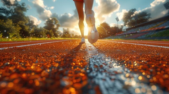 paralympic female athlete with a prosthetic leg running on the track, with a stadium in the background.