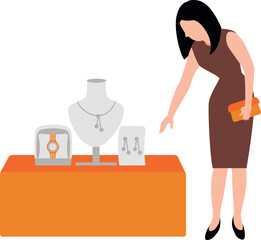 A girl is looking at jewelry at a shop.