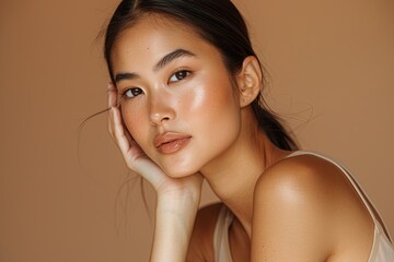 A beautiful Asian woman with her hand touching the side of her face, wearing a light beige sleeveless top, posing for a beauty commercial in a studio setting against a brown background