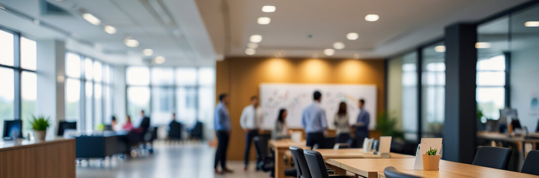 Modern office Blurred background, Blurred office or workspace with people working, Design template for Poster, Web banner, Brochure, Card with copy space