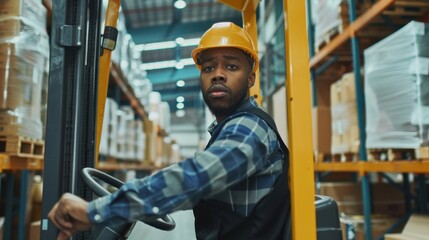 A warehouse worker operating a forklift with visible strain, in a busy warehouse, emphasizing the ergonomic and safety hazards. --ar 16:9 --style raw Job ID: 50b53cc7-cc12-4da5-bc7f-9c02320ac429