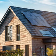 Close-up of new suburban house with a photovoltaic system on the roof. Modern eco friendly passive house with solar panels on the gable roof, with sunlight in the morning vibes. Eco friendly concept